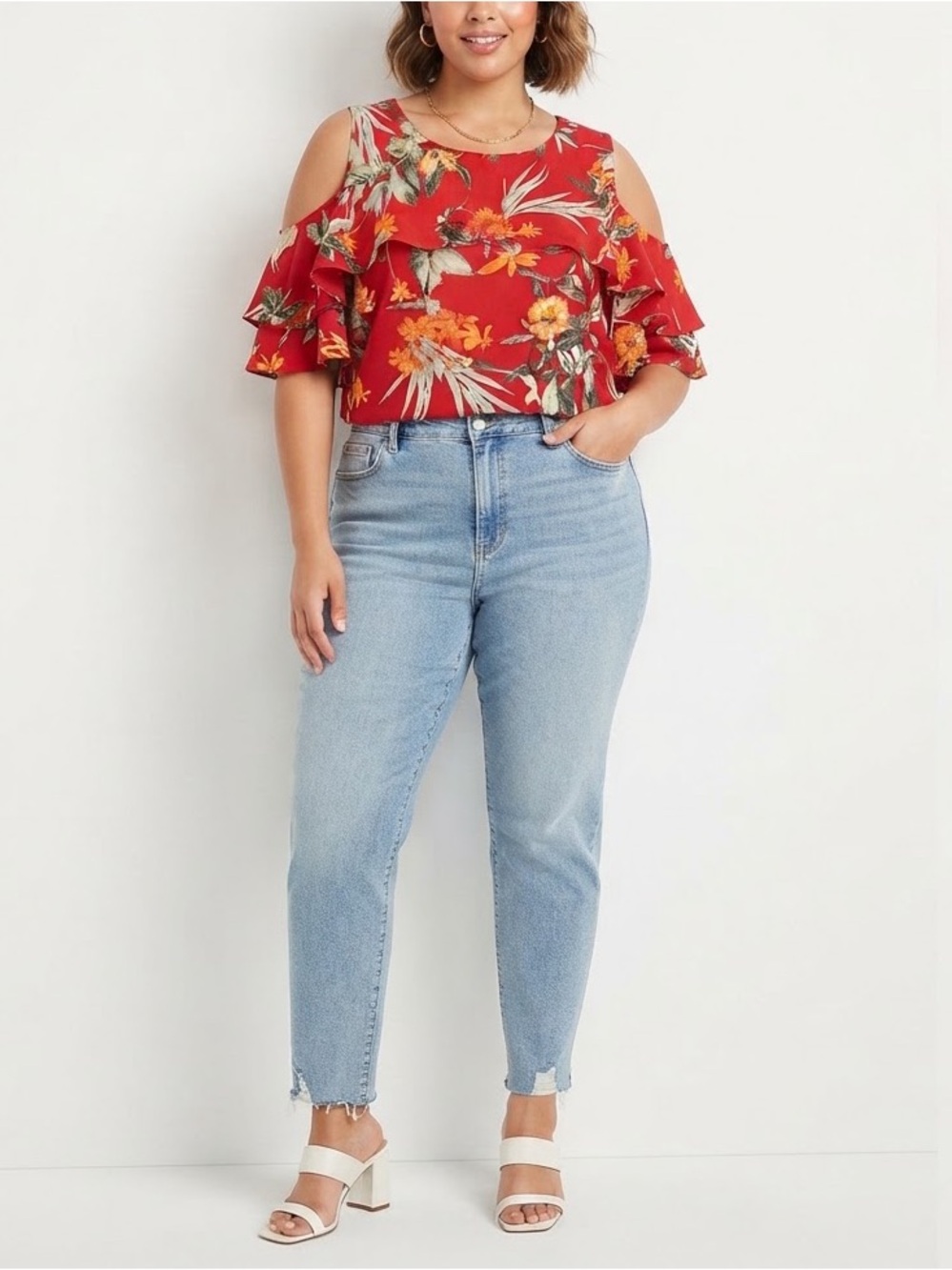 ✨ LIZ CLAIBORNE Women’s Floral Cold Shoulder Blouse 🌸 Red Ruffle Sleeve Top❤️